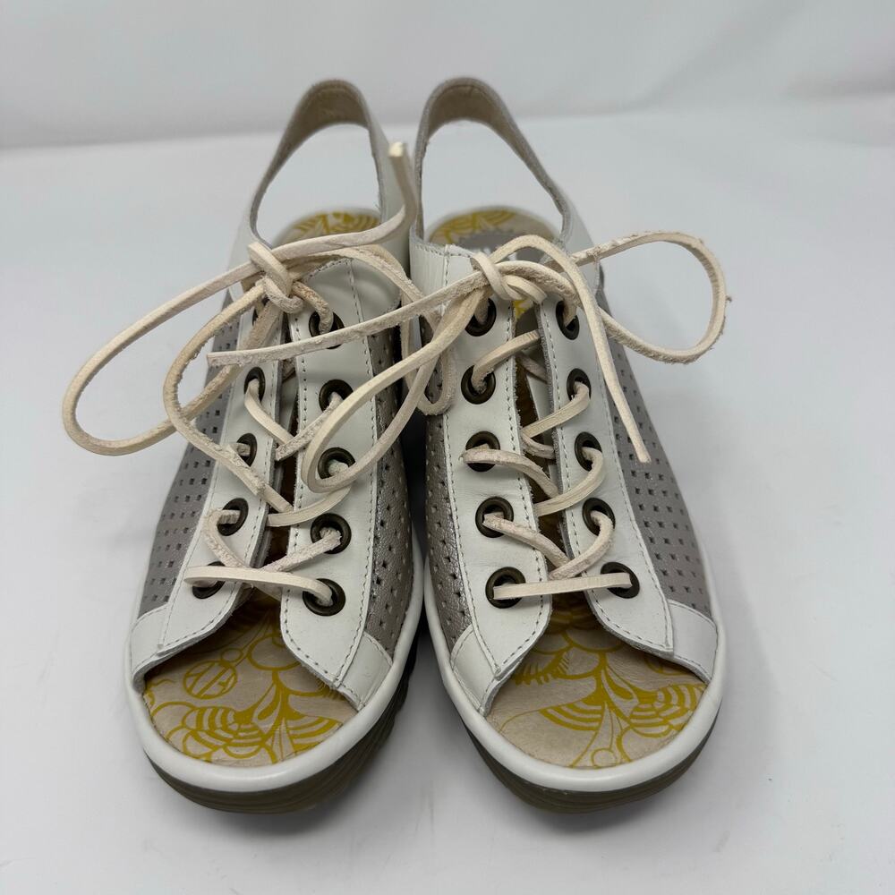 Fly London Yuta Wedge Sandal Cream Platinum Leather Laces Size 38 EUC - Picture 2 of 7